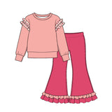 Preorder MOQ 5 pcs GLP4059 Solid Color Cotton Ruffles Pink Girls Set