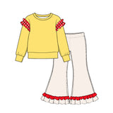 Preorder MOQ 5 pcs GLP4060 Solid Color Cotton Ruffles Yellow Red Girls Set