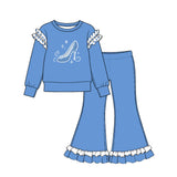 Preorder MOQ 5 pcs GLP4061 High Heel Pattern Solid Color Cotton Ruffles Blue White Girls Set