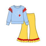 Preorder MOQ 5 pcs GLP4064 Cartoon Apple Pattern Solid Color Cotton Ruffles Blue Red Girls Set