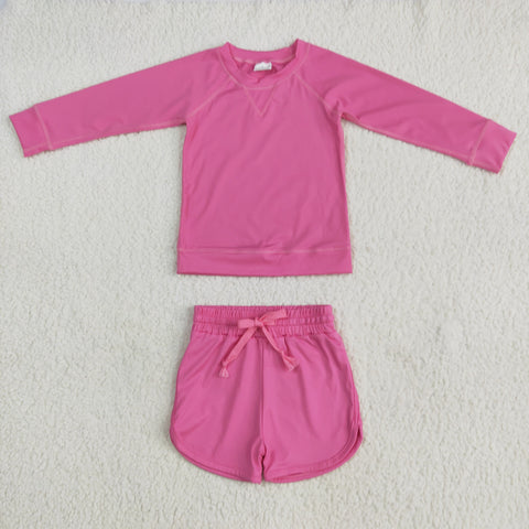GLS0004 Dark Pink Yoga Long Sleeves Shirt Girls Shorts Set