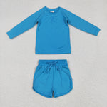 GLS0005 Blue Yoga Long Sleeves Shirt Girls Shorts Set