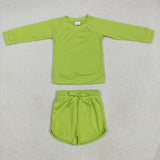GLS0007 Green Yoga Long Sleeves Shirt Girls Shorts Set