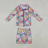 GLS0012 Garden Flower Yoga Coat Girls Shorts Set