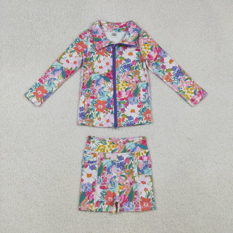 GLS0012 Garden Flower Yoga Coat Girls Shorts Set