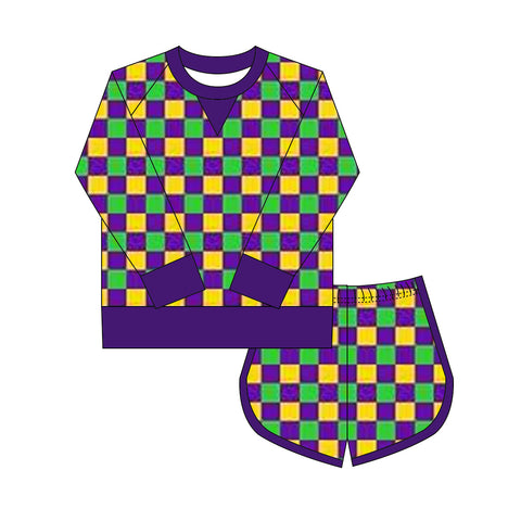 Preorder 10.20 MOQ 5 pcs GLS0016 Mardi Gras Plaid Girls Shorts Set