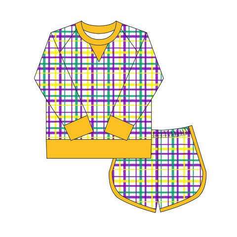 Preorder 10.20 MOQ 5 pcs GLS0017 Mardi Gras Plaid Girls Shorts Set