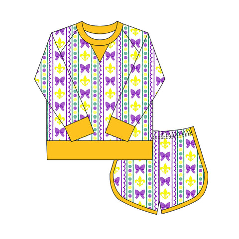 Preorder 10.20 MOQ 5 pcs GLS0021 Mardi Gras Bows Girls Shorts Set