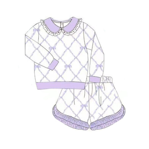Preorder 10.29 MOQ 5 pcs GLS0032 Bows Purple Ruffles Girls Shorts Set
