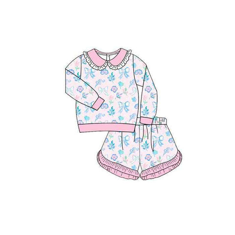 Preorder 11.04 MOQ 5 pcs GLS0034 Garden Flower Bows Pink Girls Shorts Set