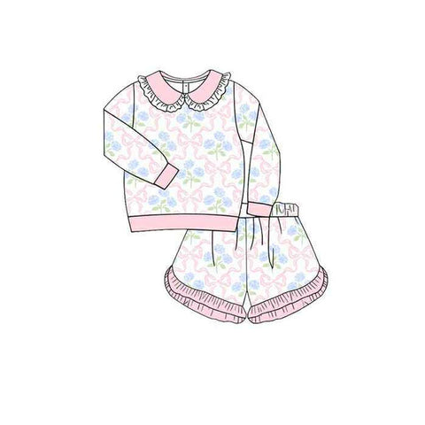 Preorder 11.04 MOQ 5 pcs GLS0037 Flower Bows Pink Girls Shorts Set