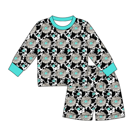 Preorder 11.29 MOQ 5 pcs GLS0050 Western Cow Turquoise Girls Shorts Set
