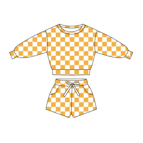 Preorder 12.01 MOQ 5 pcs GLS0057 Yellow Plaid Girls Shorts Set