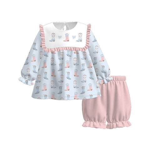 Preorder 12.05 MOQ 5 pcs GLS0060 Boots Bows Pink Girls Shorts Set