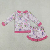 GLS0082 Flower Rose Bows Pink Girls Shorts Set