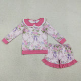 GLS0082 Flower Rose Bows Pink Girls Shorts Set