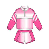 Preorder MOQ 5 pcs GLS0106 Solid Color Stripe Pink Pullover Yoga Girls Shorts Set