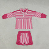 GLS0106 Solid Color Stripe Rose Red Pullover Yoga Girls Shorts Set