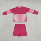 GLS0106 Solid Color Stripe Rose Red Pullover Yoga Girls Shorts Set