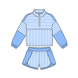Preorder MOQ 5 pcs GLS0107 Solid Color Stripe Sky Blue Pullover Yoga Girls Shorts Set