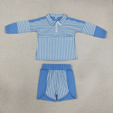 GLS0107 Solid Color Stripe Sky Blue Pullover Yoga Girls Shorts Set