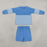 GLS0107 Solid Color Stripe Sky Blue Pullover Yoga Girls Shorts Set