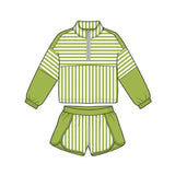 Preorder MOQ 5 pcs GLS0109 Solid Color Stripe Green Pullover Yoga Girls Shorts Set