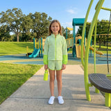 GLS0109 Solid Color Stripe Green Pullover Yoga Girls Shorts Set