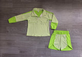 Preorder Samples GLS0109 Solid Color Stripe Green Pullover Yoga Girls Shorts Set