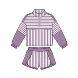 Preorder MOQ 5 pcs GLS0110 Solid Color Stripe Purple Pullover Yoga Girls Shorts Set