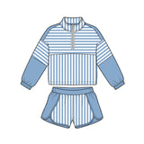 Preorder MOQ 5 pcs GLS0111 Solid Color Stripe Blue Pullover Yoga Girls Shorts Set