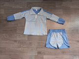 Preorder Samples GLS0111 Solid Color Stripe Blue Pullover Yoga Girls Shorts Set