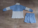 Preorder Samples GLS0111 Solid Color Stripe Blue Pullover Yoga Girls Shorts Set