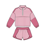 Preorder MOQ 5 pcs GLS0112 Solid Color Stripe Red Pullover Yoga Girls Shorts Set