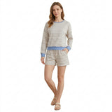 GLS0138 Gray Blue Beige Color Stripe Yoga Adult Women's Shorts Set