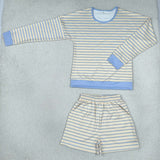 GLS0138 Gray Blue Beige Color Stripe Yoga Adult Women's Shorts Set