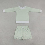 GLS0154 Light Green Stripe Scallop Edge Yoga Girls Shorts Set