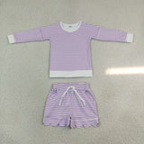 GLS0155 Purple Stripe Scallop Edge Yoga Girls Shorts Set