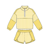 Preorder MOQ 5 pcs GLS0174 Solid Color Stripe Yellow Pullover Yoga Girls Shorts Set
