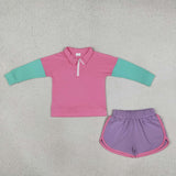 GLS0193 Solid Color Pink Pullover Girls Shorts Set