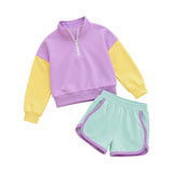 Preorder MOQ 5 pcs GLS0194 Solid Color Purple Pullover Girls Shorts Set