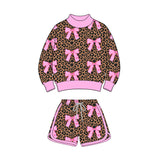 Preorder MOQ 5 pcs Each Leopard Bows Pink Middle Neckline Girls Set