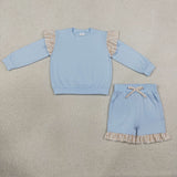 GLS0216 Solid Color Stripe Ruffles Blue Girls Shorts Set