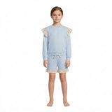 GLS0216 Solid Color Stripe Ruffles Blue Girls Shorts Set