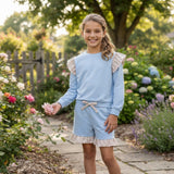 GLS0216 Solid Color Stripe Ruffles Blue Girls Shorts Set