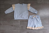 NO MOQ Preorder Samples GLS0216 Solid Color Stripe Ruffles Blue Girls Shorts Set
