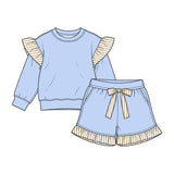 Preorder MOQ 5 pcs GLS0216 Solid Color Stripe Ruffles Blue Girls Shorts Set