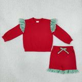 GLS0217 Christmas Solid Color Stripe Ruffles Red Girls Shorts Set