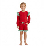 GLS0217 Christmas Solid Color Stripe Ruffles Red Girls Shorts Set