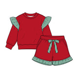 Preorder MOQ 5 pcs Each Color Solid Color Stripe Ruffles Shorts Girls Set